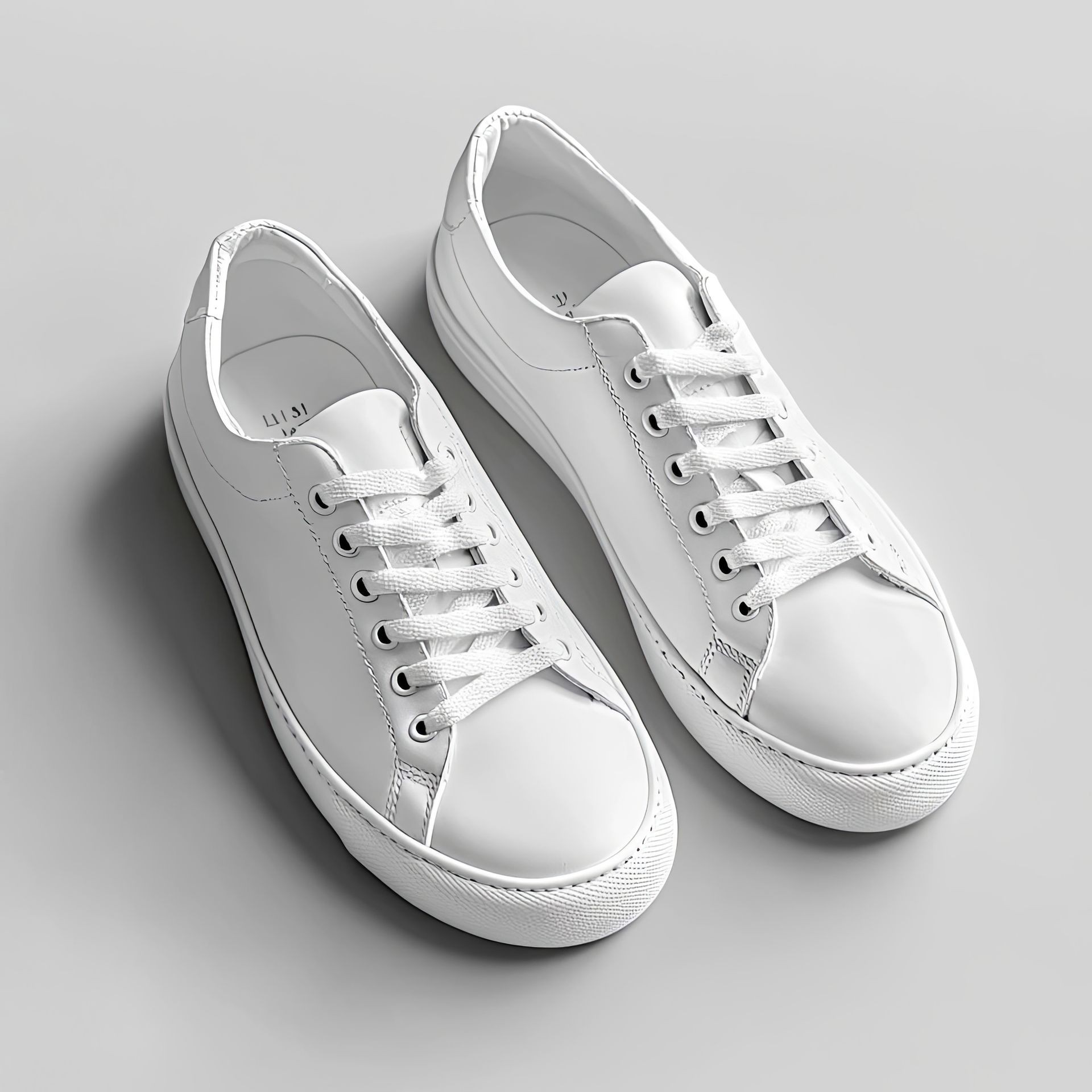 Pair of white lace-up sneakers on a gray background.