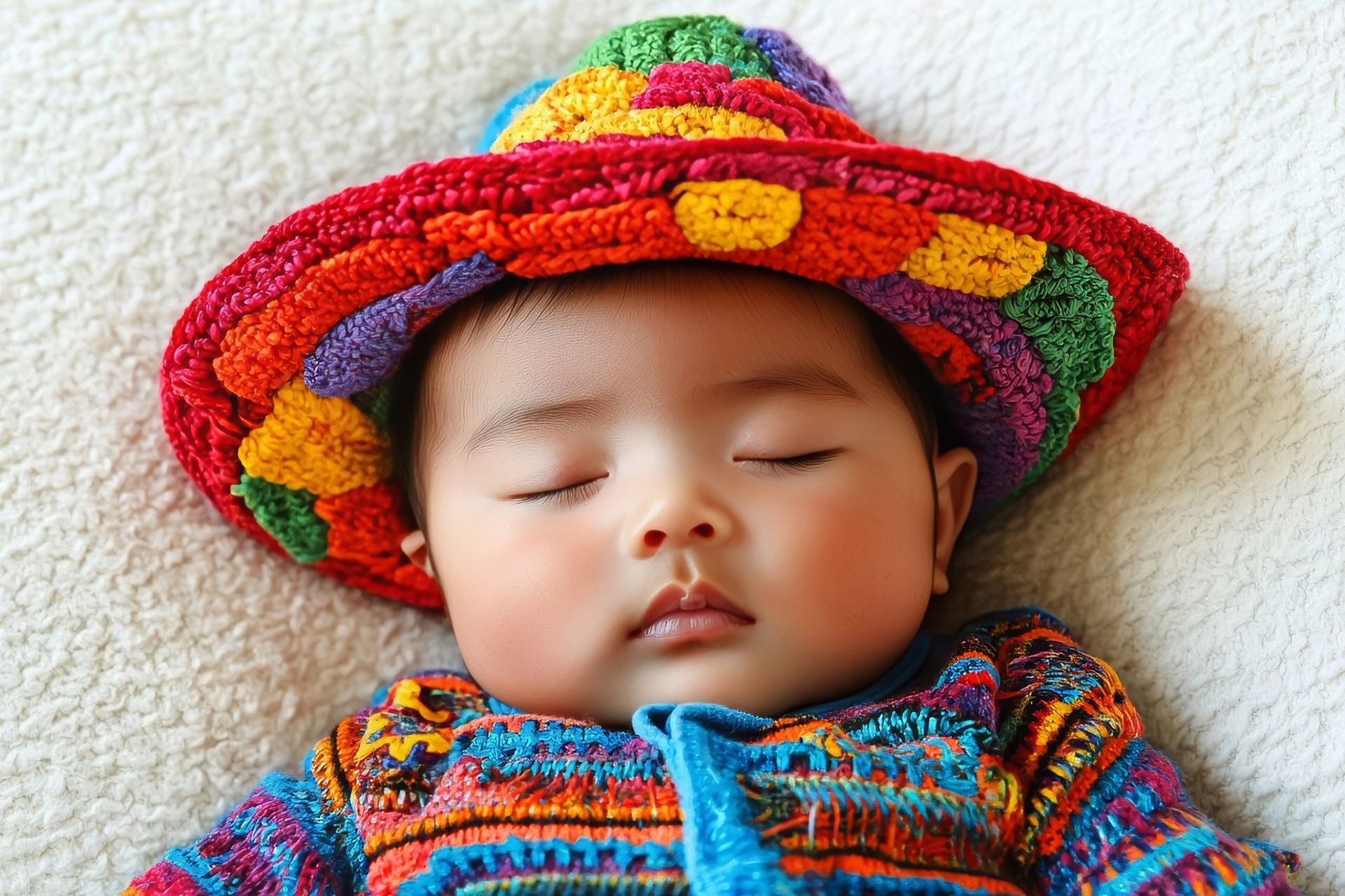 Sleeping baby wearing a colorful, knitted hat and sweater on a soft blanket.